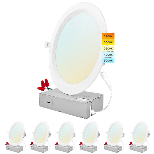 Luxrite 8" Ultra Thin LED Recessed Light J-Box 23W 5 Color Options Dimmable 1800 Lumens IC Rated Baffle 6 Pack