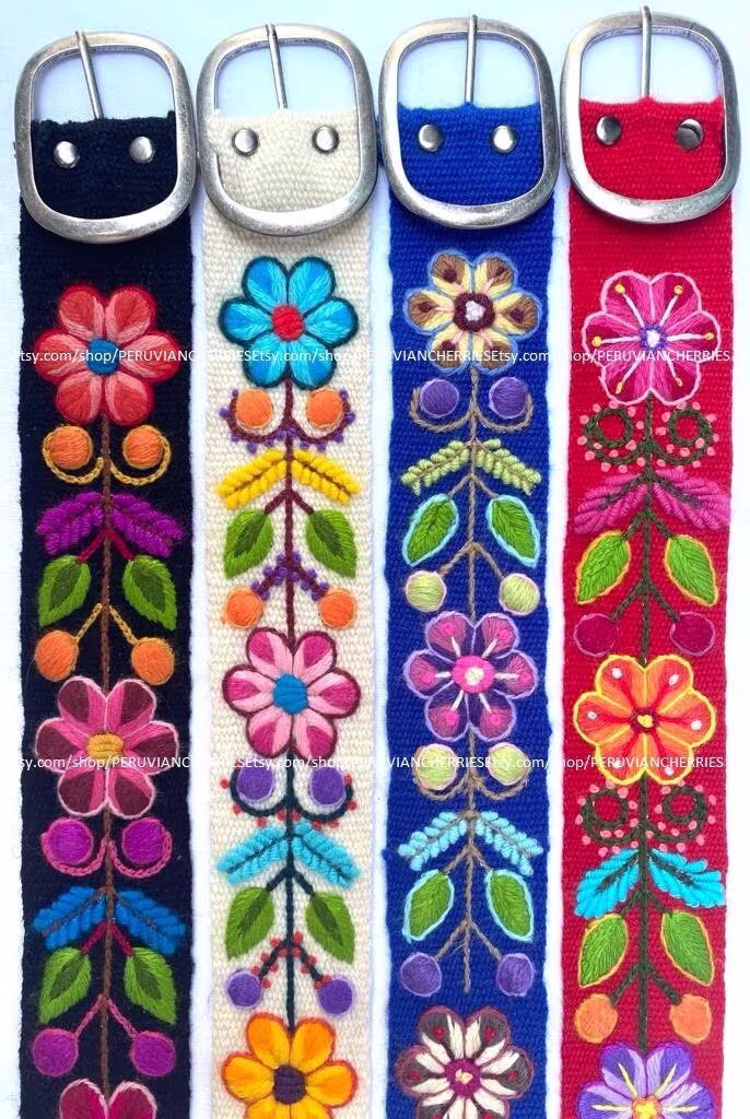 Hand Embroidered Belt Floral Colorful Peruvian Ethnic Boho Wool Gifts For Her Peru