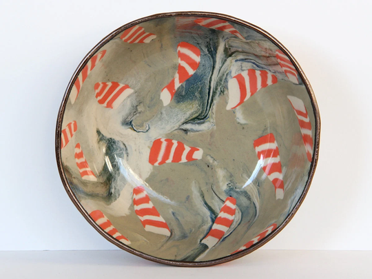 Colorful Patterned Nerikomi Bowl, Stoneware Ramen Bowl, Sage Marbled Soup Dish, Mango Orange Blue Stripe Design Medium Ceramic Bowl Gold Rim