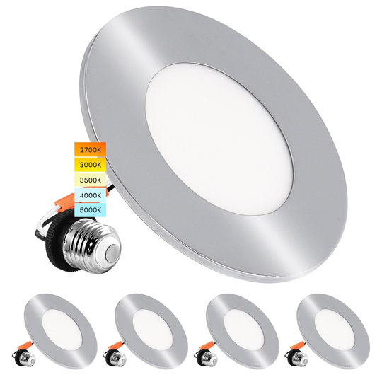 Luxrite 4" LED Recessed Light, 5 Color Selectable, Magnetic Trim, Dimmable, 500 LM, Wet Rated - Chrome 4 Pack