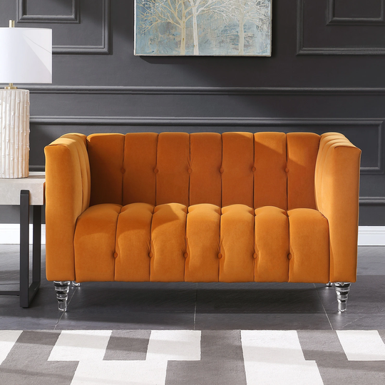 56.69" Velvet Upholstered Sofa Chesterfield Bench Sofa Living Room with Acrylic Leg
