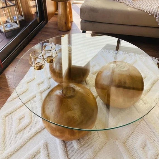 Round Glass Table With Wooden Collected, Living Room Center Table, Ball, Coffee Home Gift, Wood Ball