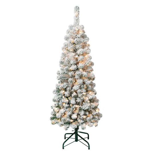 First Traditions™ 4.5 ft. Acacia Pencil Slim Flocked Tree with Clear Lights - 4.5 ft
