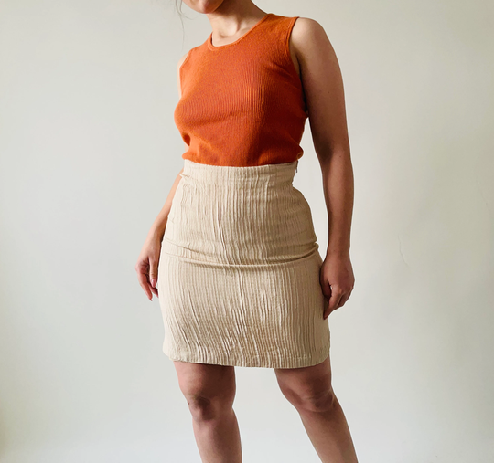 Vintage Cream Form Fitted Mini Skirt, Ribbed Pencil Skirt