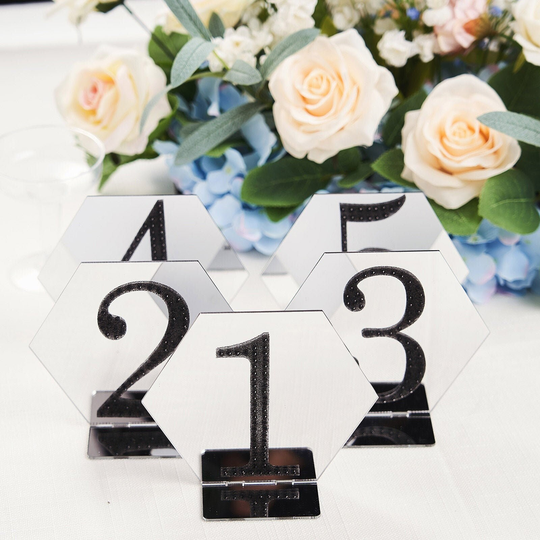 5" Silver Wedding Table Sign Holders, Hexagon Acrylic Number Stands, Geometric Decor, Modern - 5 Pack