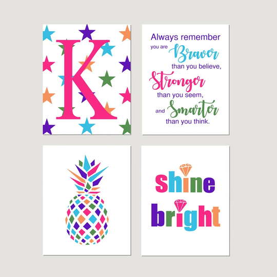 Colorful Girls Decor, Wall Art For Girl Room Positive Quotes Bedroom Star Set Of 4 Prints Or Canvas