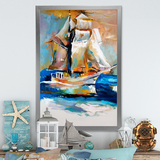 Designart 'Colorful Old Ship Painting' Nautical & Coastal Framed Wall Art