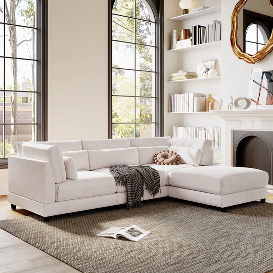 2 Pieces L Shaped Sectional Sofa Polyester Sofa Chaise with Ottomans & Waist Pillows