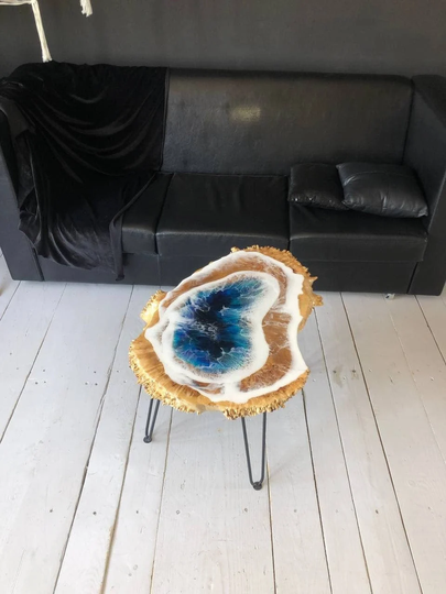 Tree Trunk Coffee Table, Unique Ocean Side Round Epoxy Resin Rustic Root Wood Slice