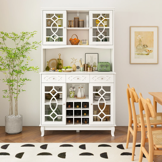 Kitchen Hutch With Glass Doors Home Office Storage Cabinet Lacquered