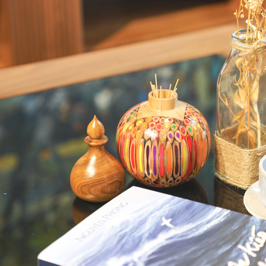 Colored Pencil Toothpickes, Cotton Buds & Matches Holder - Mini Handmade Resin Gourd Vase With Wooden Lid