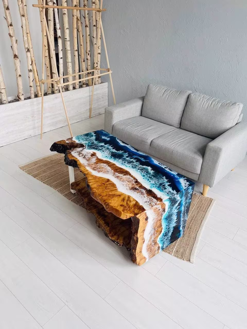 Ocean Epoxy Resin Table, Modern Coffee Living Room Wave Waterfall Live Edge Table