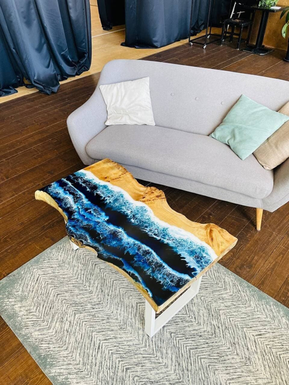 Ocean Epoxy Coffee Table, Resin Live Edge Wood & Maple Burl Table