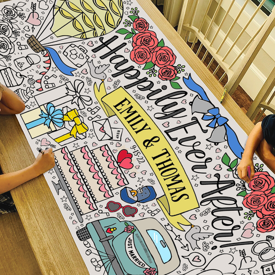 Giant Personalized Wedding Coloring Poster | Paper Happily Ever After Tablecloth Bridal Shower Decorations 30" X 72" Inches