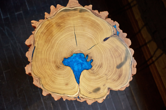 Round Coffee Table, Resin Wood Blue Epoxy Slab, Side Tables, Modern Mid Century Table