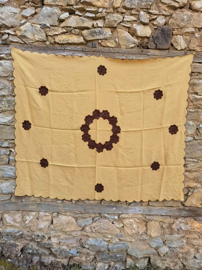 Retro Beige & Brown Table Cover, Hand Knitted Vintage Tablecloth