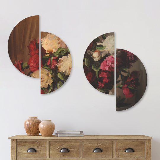 Designart 'Bouquet of Blooming Peonies' Floral Wood Wall Art Set of 4 Half Circles - Multi-Color