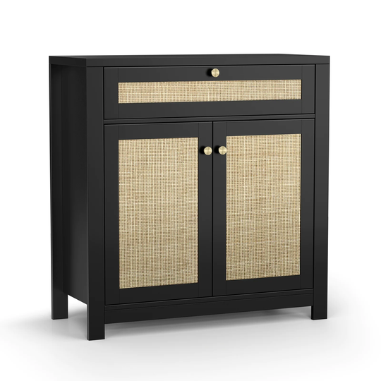 Anmytek 2 Door Black Rattan Cabinet with Drawer Storage Sideboard Buffet 31.5"W x 13.7"D x 32.8"H