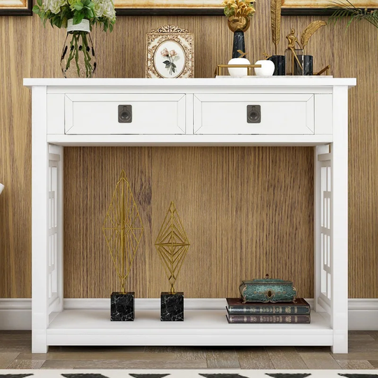 Console Table with 2 Drawers and Bottom Shelf, Entryway Table (White)