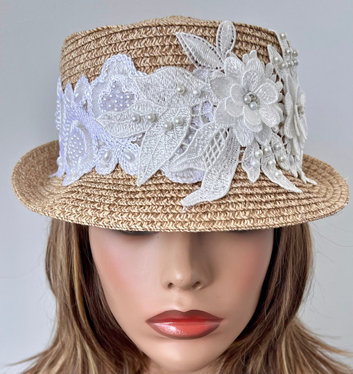 Dressy Beige Straw Hat With White Lace Embellishments, Wedding Hat, Vintage Style Sun For Women Size M/L Ready To Ship