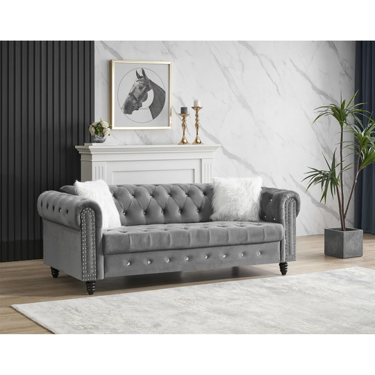Grey Velvet 3-Seater Sofa Roll Arm Chesterfield Classic Sofa, 2 Pillow