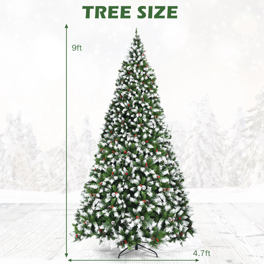 Snow Flocked Pencil Christmas Tree with Red Berries and Metal Base