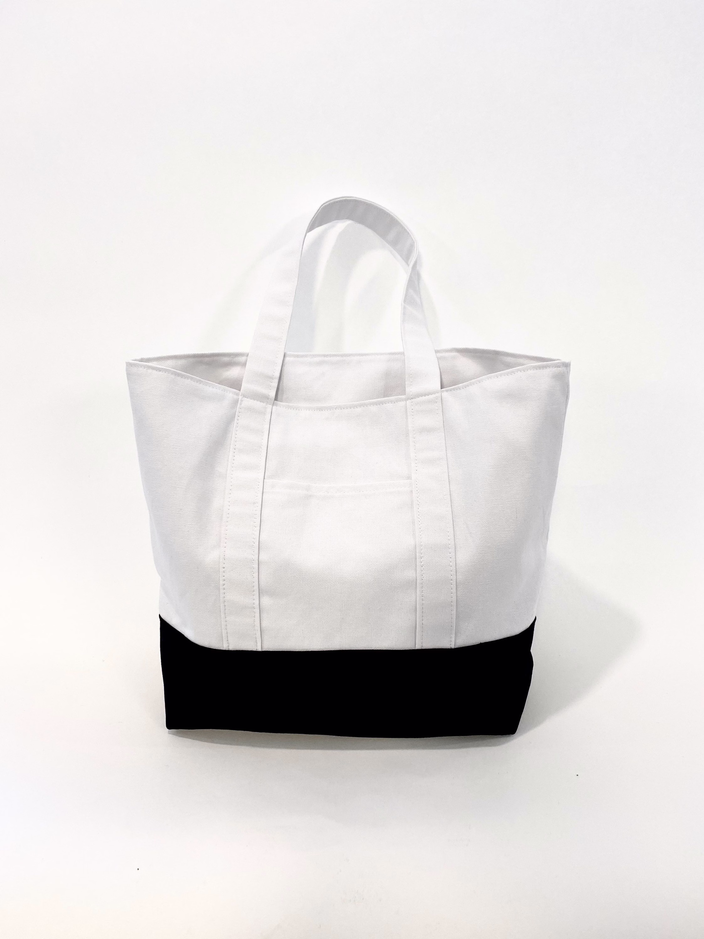 100% Cotton Canvas Tote Bag in White & Black Color Block - 2 Outside Pockets Inside Laptop Pocket