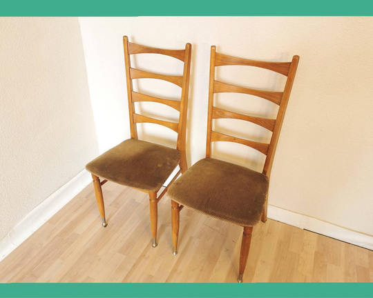1 Of 2 Vintage Wooden Dine Chairs/High Backrest Mid-Century 70S 1970S Yugoslavia Bistro Dining Fabric Seating