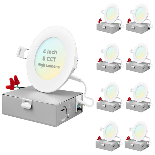 Luxrite 4" Ultra Thin LED Recessed Light with J-Box, 12W, 5 Color Selectable, 950 Lumens, Dimmable, Wet Rated 8 Pack