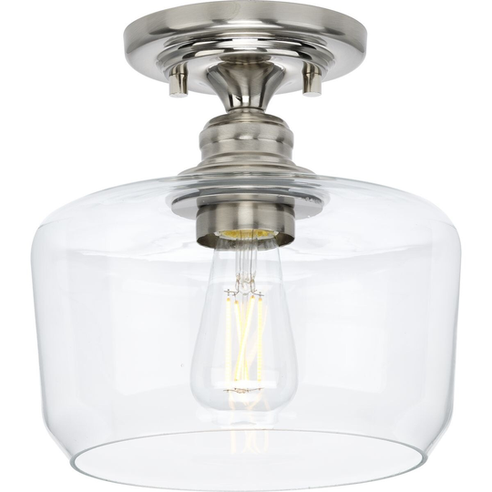 Aiken Collection One-Light Brushed Nickel Clear Glass Farmhouse Flush Mount Light - 9 in x 9 in x 9 in