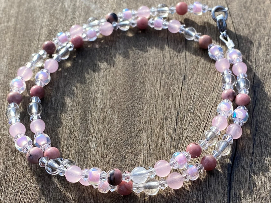 Girl's Pink Chalcedony, Rhodonite & Clear Quartz Healing Stone Bracelet Or Necklace