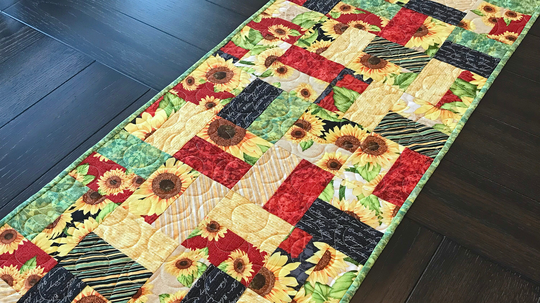 Sunflower Patchwork Table Runner, Floral Yellow Green Red Decor 16" X 40"