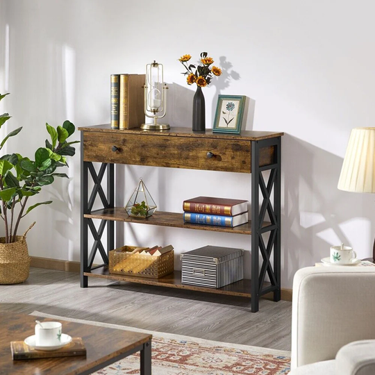 Modern Console Table Drawer 3 Tier Storage Rustic Brown - 54 x 84