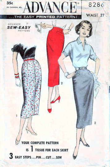 1950S Advance 8286 Vintage Sewing Pattern Misses Pencil Skirt, Slim Fitted Skirt Size Waist 25, 27