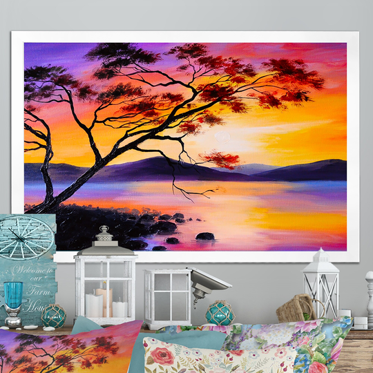Designart 'Colorful Sunset On The Lake' Lake House Framed Wall Decor
