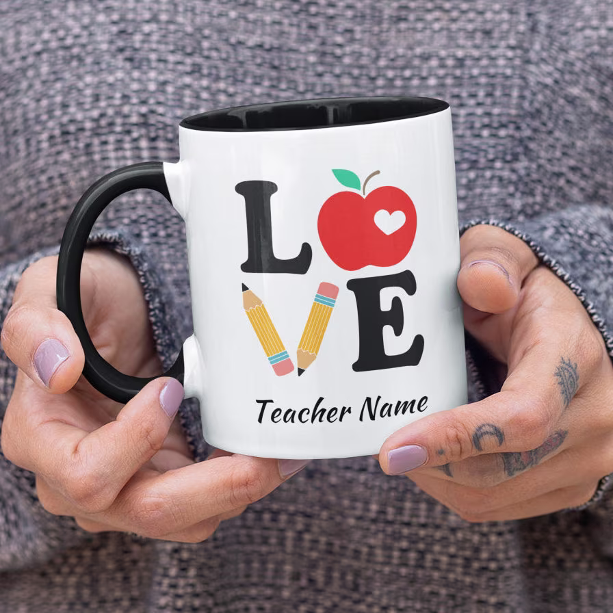 Personalized Cute Teacher Custom Coffee Mug, Love, Apple Pencil Heart | 11 Or 15 Oz - Beautiful Premium Quality Gift Idea