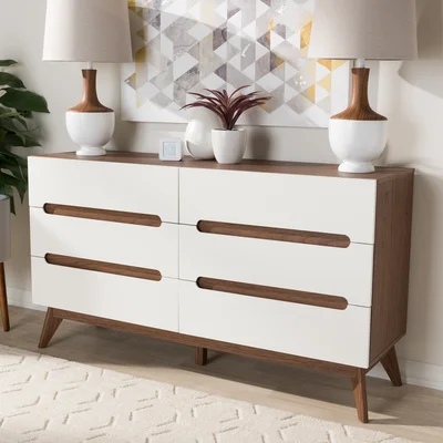 Bolesworth Mid-Century Modern White And Walnut Wood 6-Drawer Storage Dresser