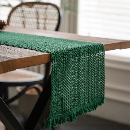 Dark Green Table Runner With Tassels Cotton Runners Linen Decor Placemats Set Cloth Vintage Natural