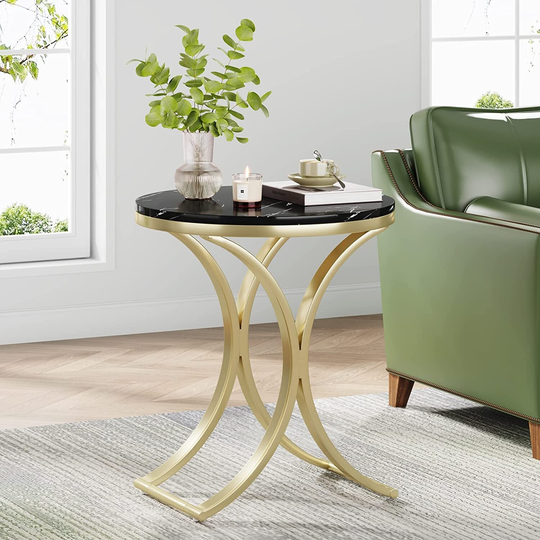 End Table, Modern Round Side Tables with White Faux Marble Top, C Shaped Gold Legs Round Entryway Table