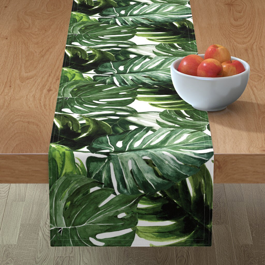 Tropical Botanical Table Runner - Monstera Leaves By Karolina Papiez Green Watercolor Jungle Cotton Sateen Spoonflower