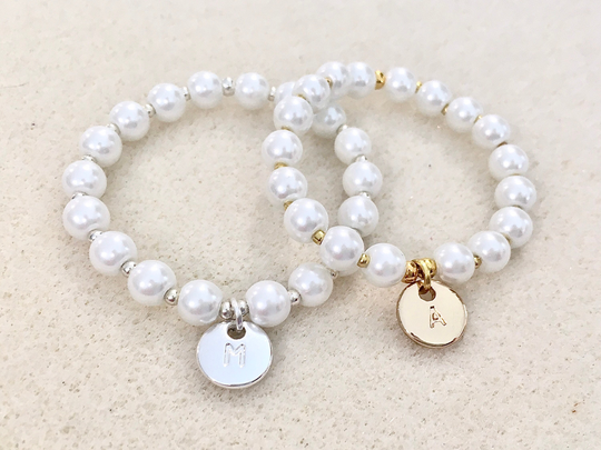 White Pearl Flower Girl Stretch Bracelet With Little Metal Beads Gift Ideas Bridesmaid Bridal Shower Wedding