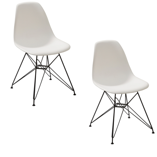 Deep Back Plastic Chair with Metal Eiffel Style Legs, Set of Two, White and Black