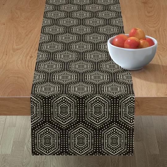 Bohemian Table Runner - Boho Painted Dark By Designdn Mudcloth Hexagon Geometric Textured Look Cotton Sateen Spoonflower