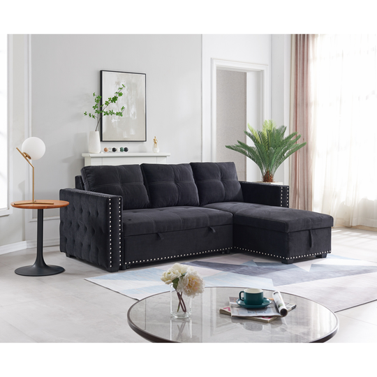 Sectional Sofa with Pulled Out Bed, 2 Seats Sofa and Reversible Chaise with Storage, Both hands with Copper Nail, BLACK