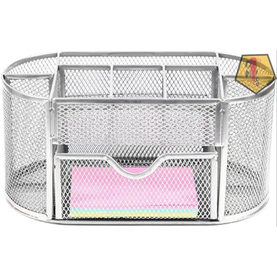 Desk Organizer Wire Mesh 8 Compartment With Additional Drawer, Office Supplies Caddy, Bonus Pack Of 100 Sticky Notes Included, Color Silver.