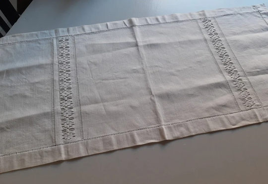 Antique White Linen Table Runner Handmade Insert. Swedish Vintage 1960S