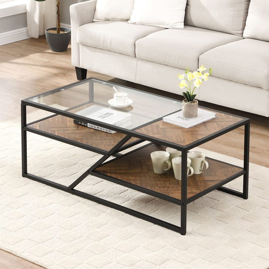 3-Tier Storage Center Table Rectangle Coffee Table with Metal Frame End Table with Tempered Glass Top Side Table for Living Room