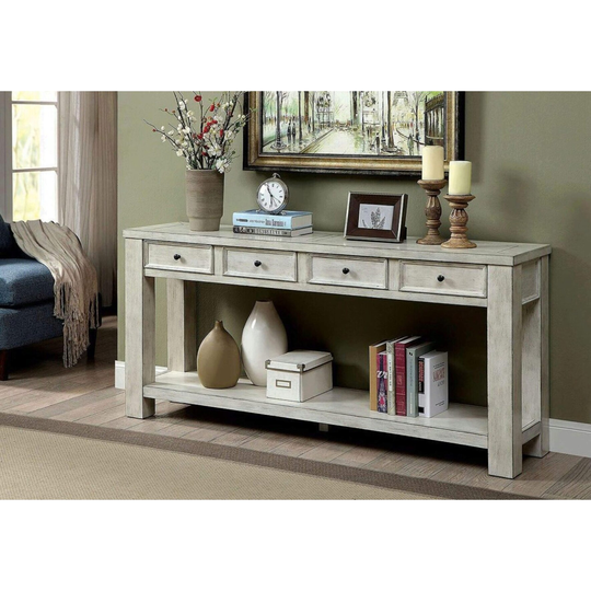 Sofa Table Antique White Rustic Solid wood Storage Table Open Shelf Bottom Living Room 1pc Side Table,Side Tables