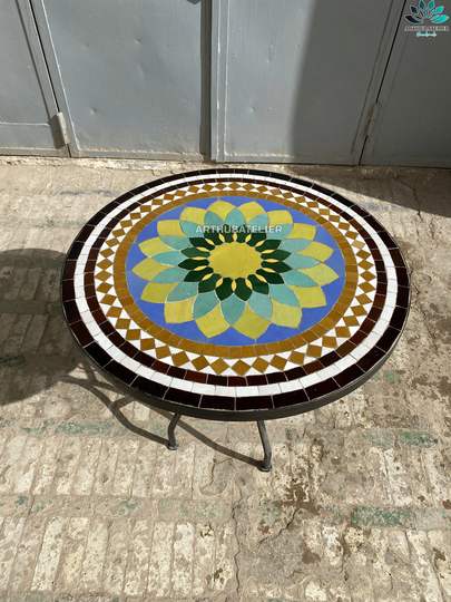 Flower Garden Table Made From Mosaic Tiles Round For Indoor & Outdoor 100% Handcrafted, Mid Century Art Table