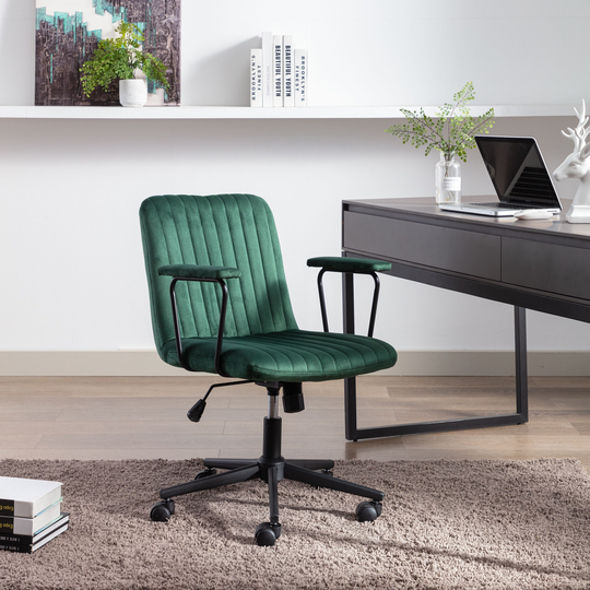 Modern Mid-back Desk Chair Velvet Padded Adjustable Office Chair Swivel Arm Chair for Home Office with Casters & Metal Frame